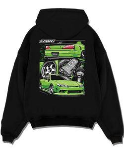 Black pullover hoodie laid flat on a white background, featuring Nissan rs turbo racing drift motorsport jdm japanese graphic.