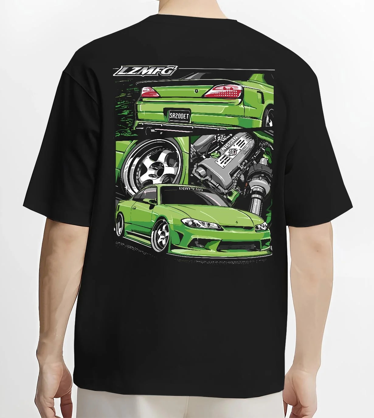 Black T-shirt worn by a male model, back view, featuring Nissan rs turbo racing drift motorsport jdm japanese street graphic.