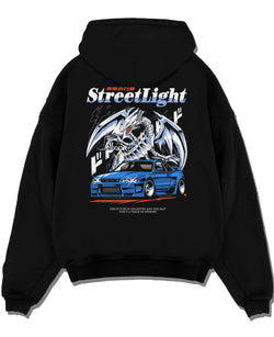 Black pullover hoodie laid flat on a white background, featuring Nissan Skyline R34 rs r34 skyline turbo racing drift graphic.
