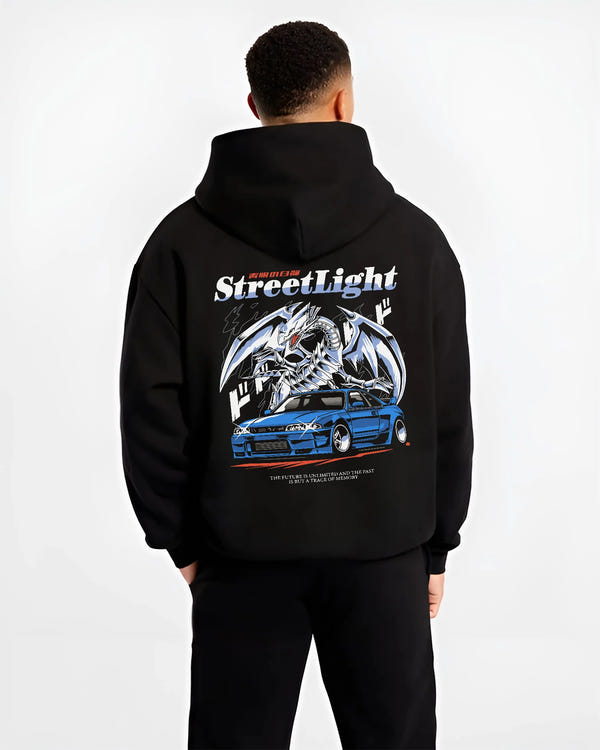 Black hoodie worn by a male model, back view, featuring Nissan Skyline R34 rs r34 skyline turbo racing drift motorsport jdm graphic.