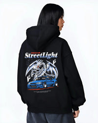 Black hoodie worn by a female model, back view, featuring Nissan Skyline R34 rs r34 skyline turbo racing drift motorsport graphic.