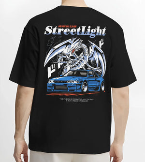 Black T-shirt worn by a male model, back view, featuring Nissan Skyline R34 rs r34 skyline turbo racing drift motorsport graphic.