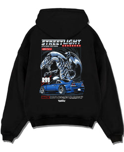 Black pullover hoodie laid flat on a white background, featuring Nissan GT-R gt r turbo racing drift jdm japanese street graphic.