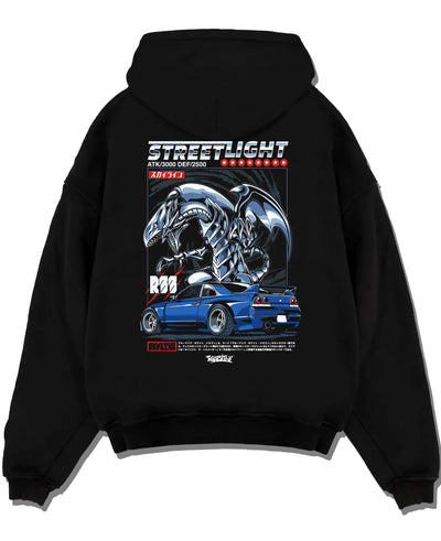 Black pullover hoodie laid flat on a white background, featuring Nissan GT-R gt r turbo racing drift jdm japanese street graphic.