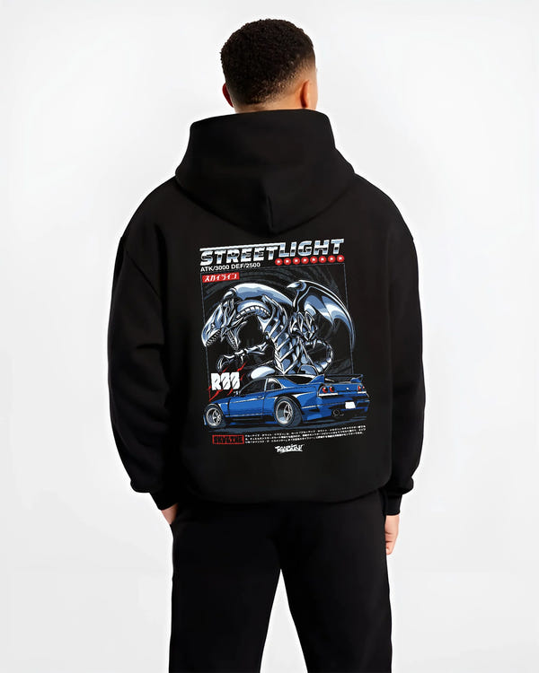Black hoodie worn by a male model, back view, featuring Nissan GT-R gt r turbo racing drift jdm japanese street enthusiast graphic.