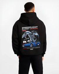 Black hoodie worn by a male model, back view, featuring Nissan GT-R gt r turbo racing drift jdm japanese street enthusiast graphic.