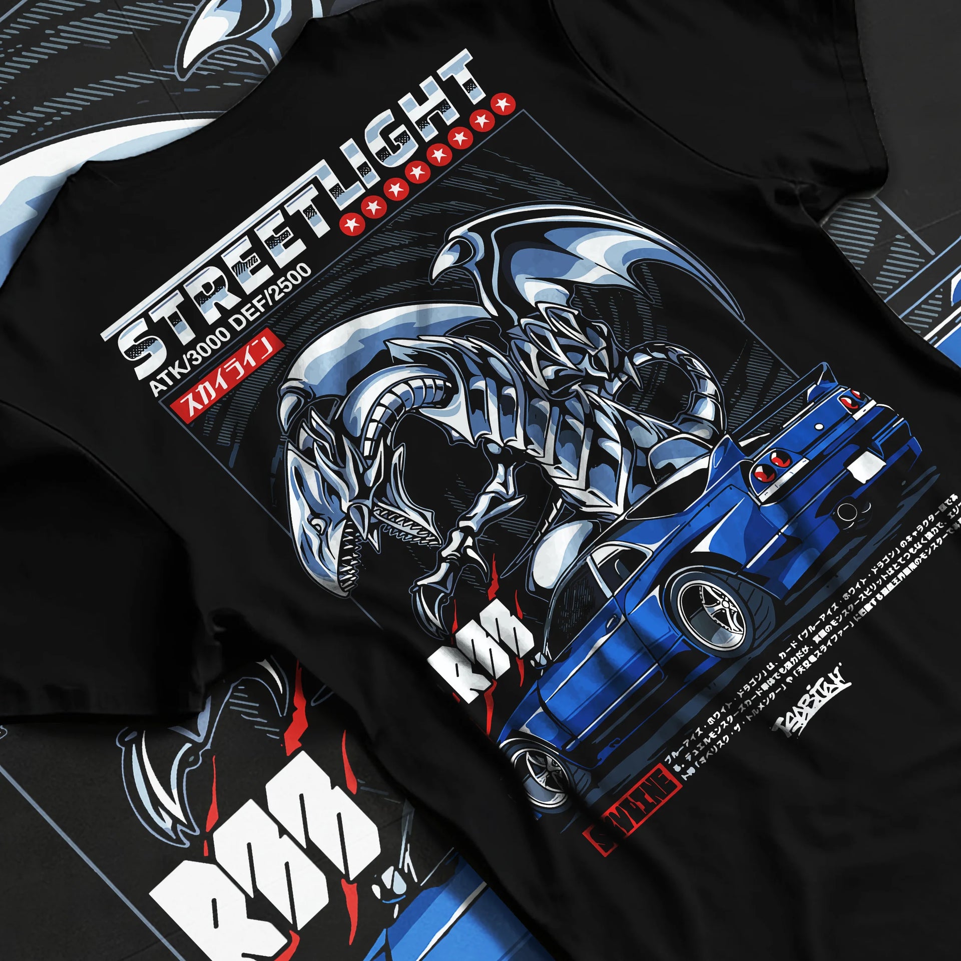 Black T-shirt laid flat with natural fabric folds, featuring Nissan GT-R gt r turbo racing drift jdm japanese street graphic.