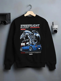Black crewneck sweatshirt on a hanger against a grey wall, featuring Nissan GT-R gt r turbo racing drift jdm japanese graphic.