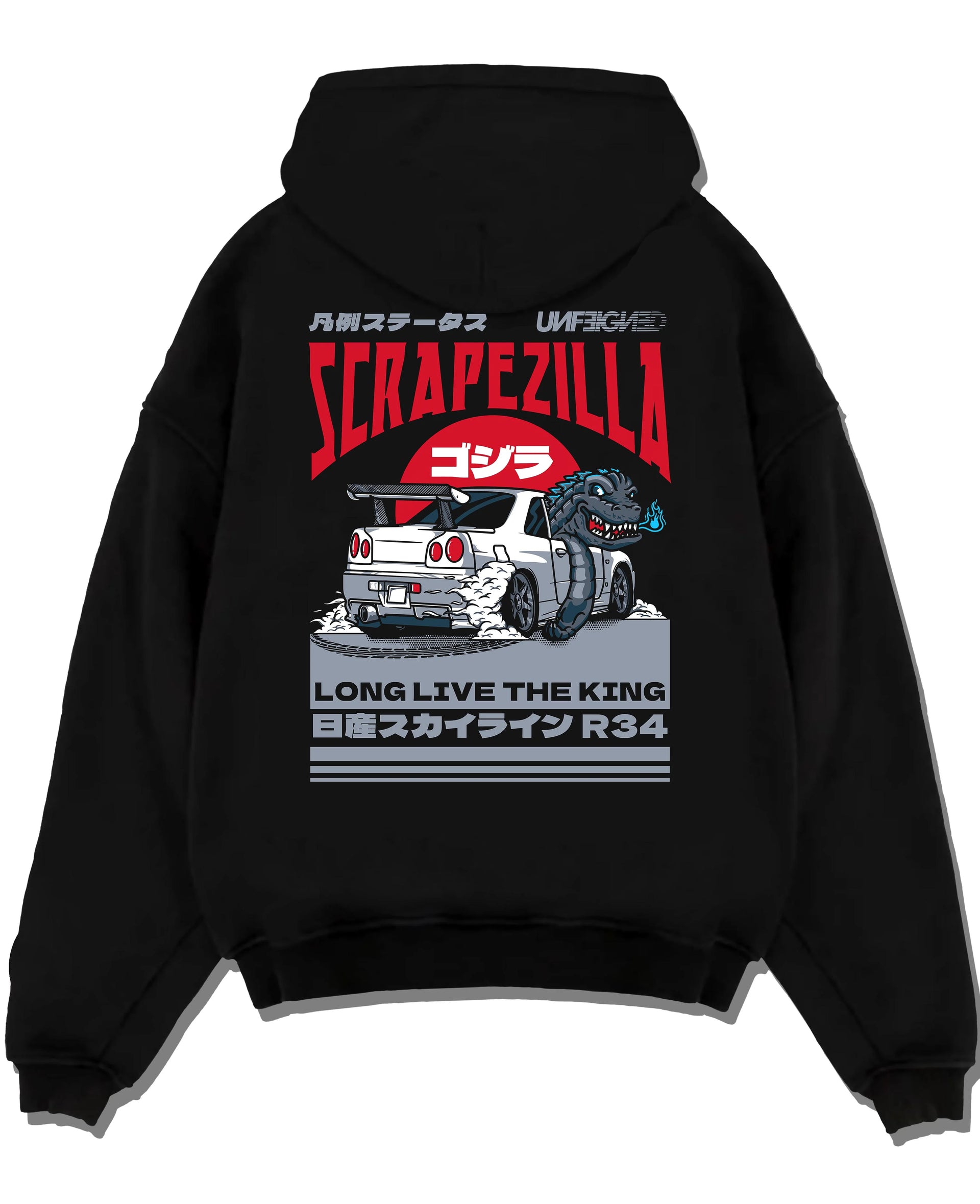 Black pullover hoodie laid flat on a white background, featuring Nissan 350Z rs turbo racing drift motorsport jdm japanese graphic.