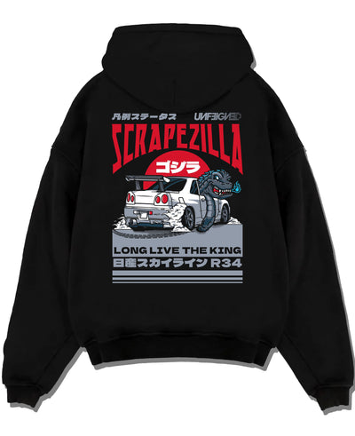 Black pullover hoodie laid flat on a white background, featuring Nissan 350Z rs turbo racing drift motorsport jdm japanese graphic.