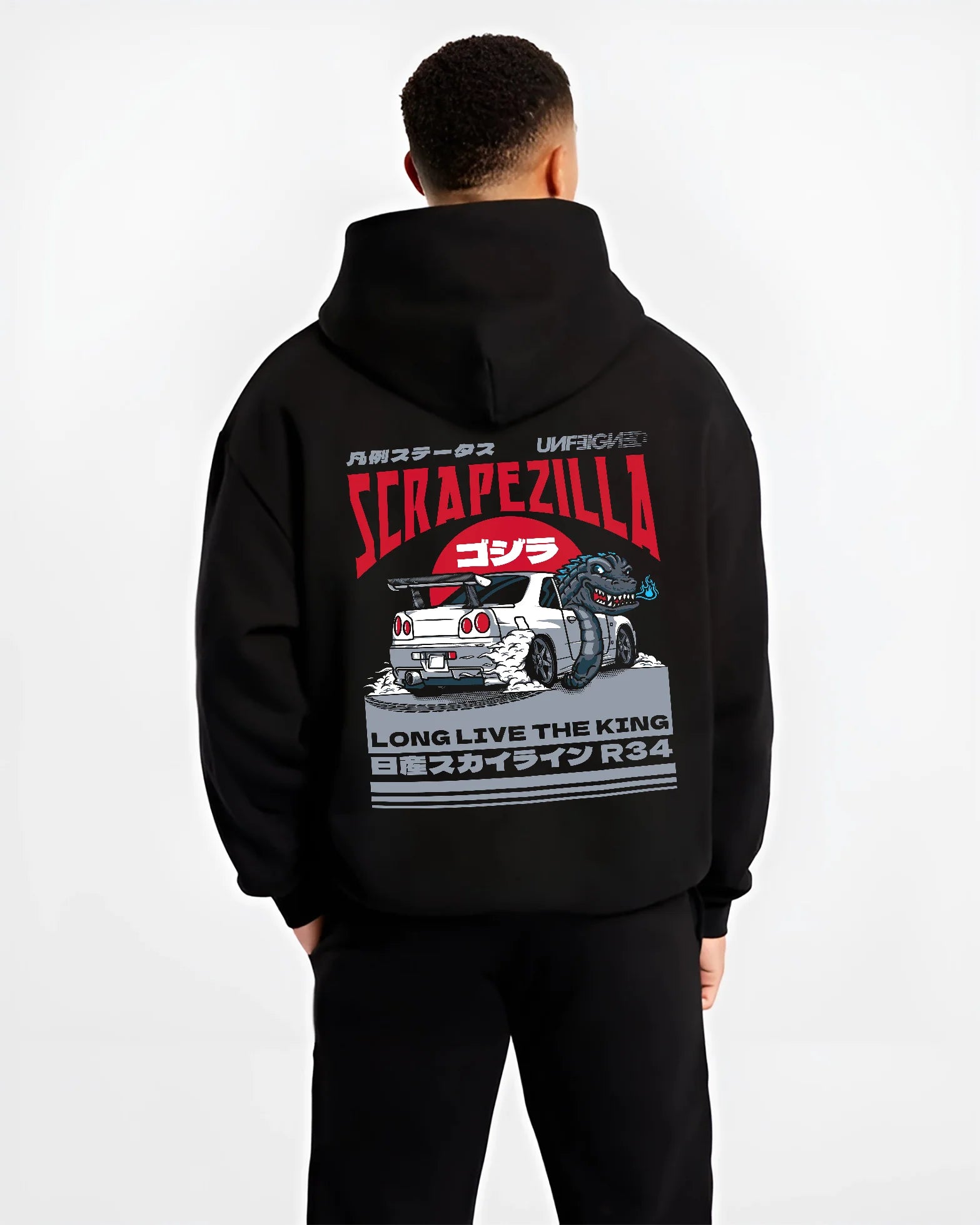Black hoodie worn by a male model, back view, featuring Nissan 350Z rs turbo racing drift motorsport jdm japanese street graphic.