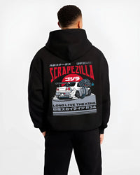 Black hoodie worn by a male model, back view, featuring Nissan 350Z rs turbo racing drift motorsport jdm japanese street graphic.