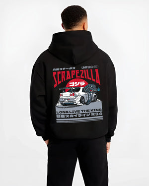 Black hoodie worn by a male model, back view, featuring Nissan 350Z rs turbo racing drift motorsport jdm japanese street graphic.