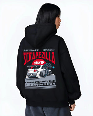 Black hoodie worn by a female model, back view, featuring Nissan 350Z rs turbo racing drift motorsport jdm japanese street graphic.