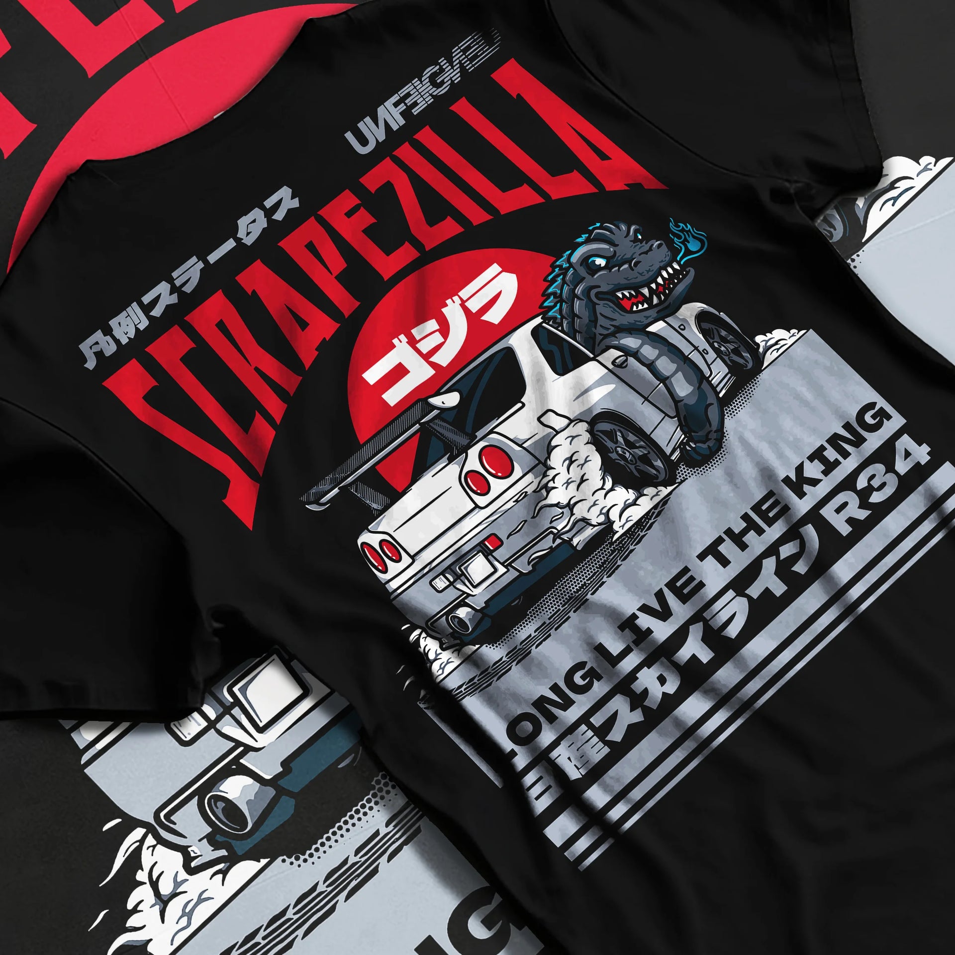 Black T-shirt laid flat with natural fabric folds, featuring Nissan 350Z rs turbo racing drift motorsport jdm japanese graphic.