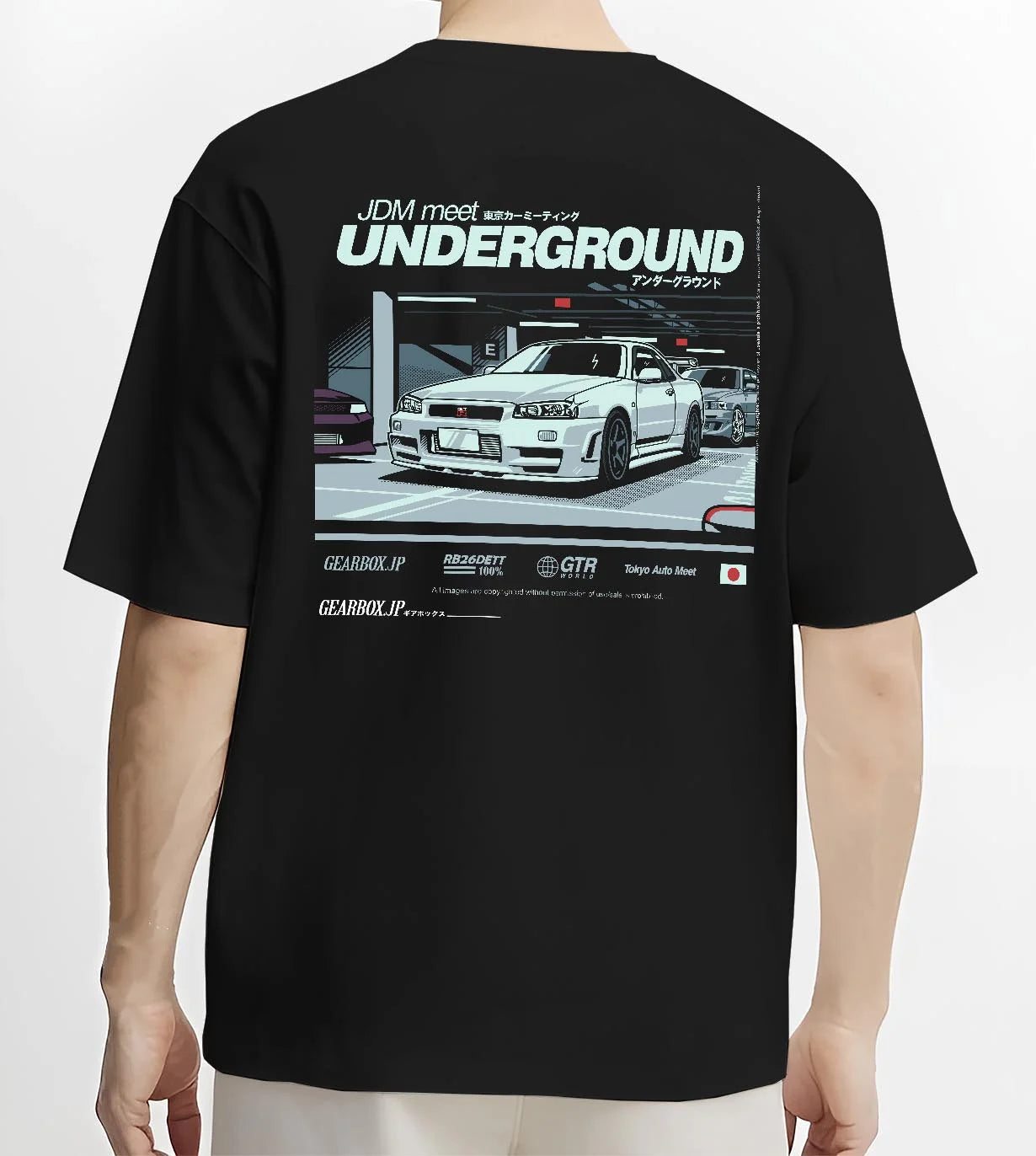 Black T-shirt worn by a male model, back view, featuring Nissan 240SX rs turbo racing drift jdm japanese street classic graphic.