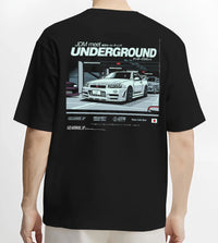 Black T-shirt worn by a male model, back view, featuring Nissan 240SX rs turbo racing drift jdm japanese street classic graphic.