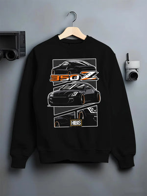 Black crewneck sweatshirt on a hanger against a grey wall, featuring Nissan Silvia rs turbo racing drift motorsport jdm graphic.