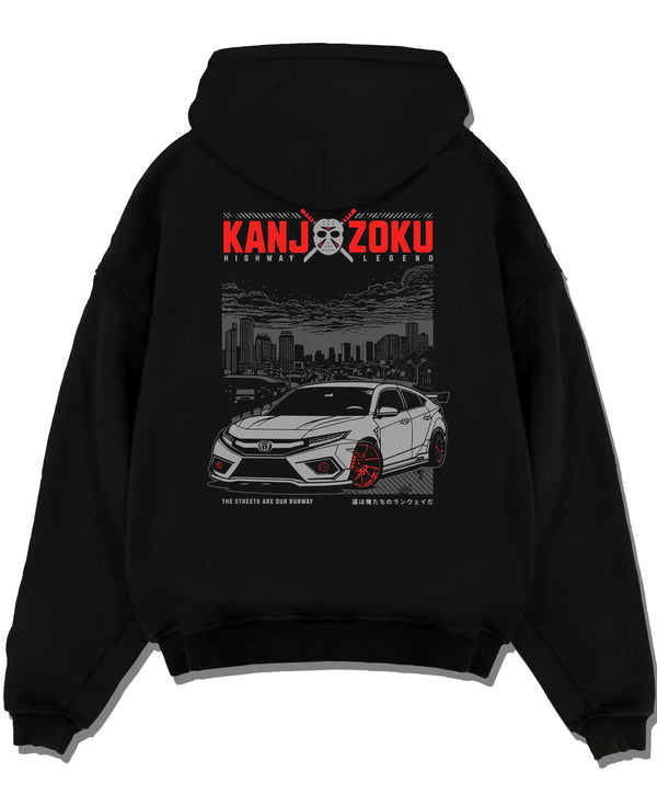 Black pullover hoodie laid flat on a white background, featuring Honda Nsx rs racing motorsport jdm street classic graphic.
