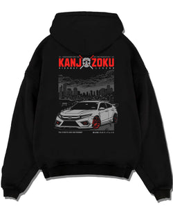 Black pullover hoodie laid flat on a white background, featuring Honda Nsx rs racing motorsport jdm street classic graphic.