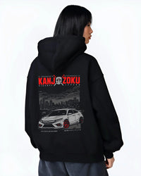 Black hoodie worn by a female model, back view, featuring Honda Nsx rs racing motorsport jdm street classic graphic.