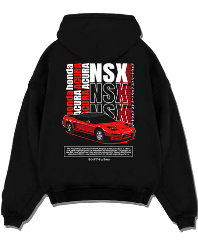 Black pullover hoodie laid flat on a white background, featuring Honda Nsx drift jdm japanese street retro legend graphic.