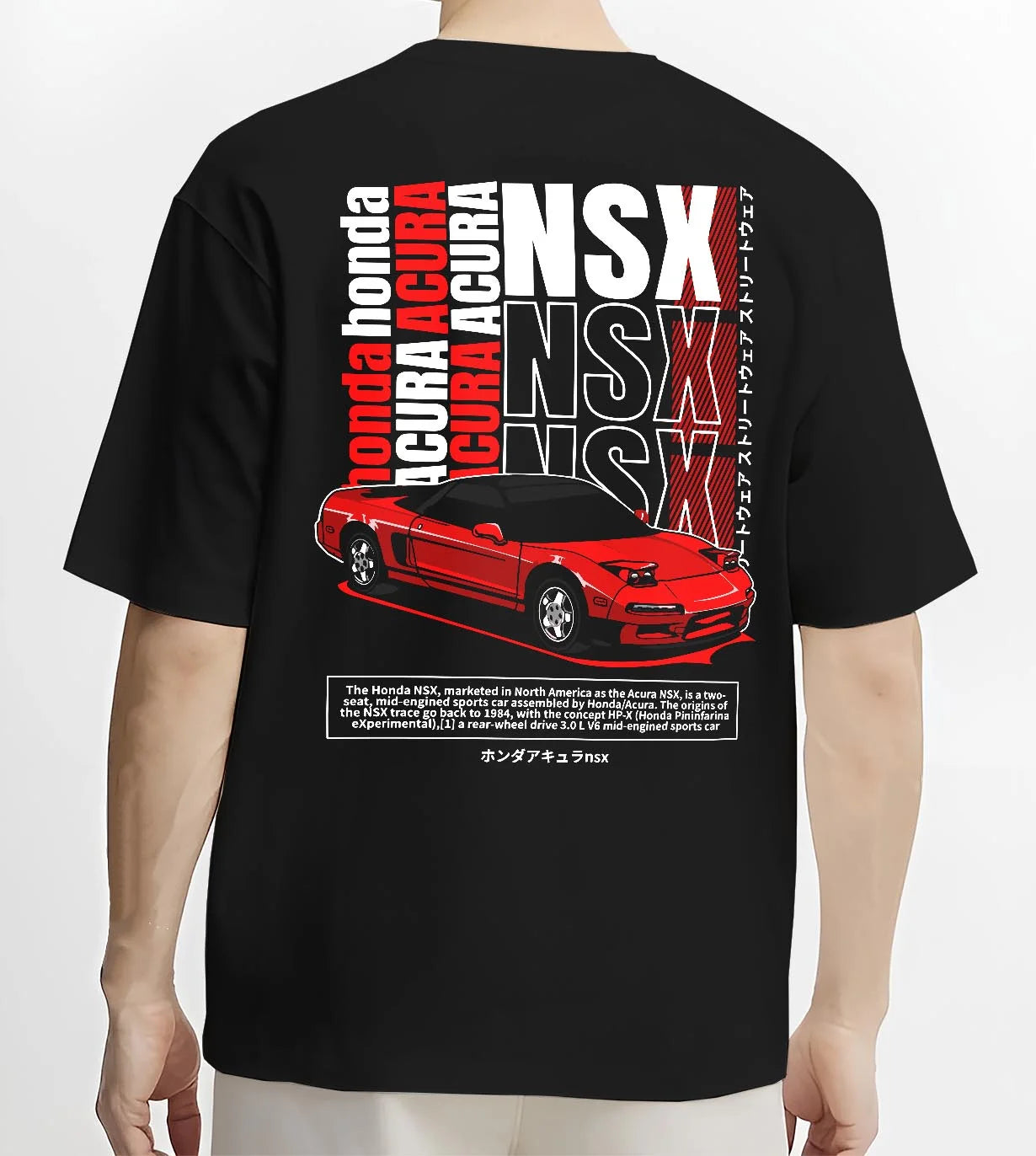 Black T-shirt worn by a male model, back view, featuring Honda Nsx drift jdm japanese street retro legend graphic.