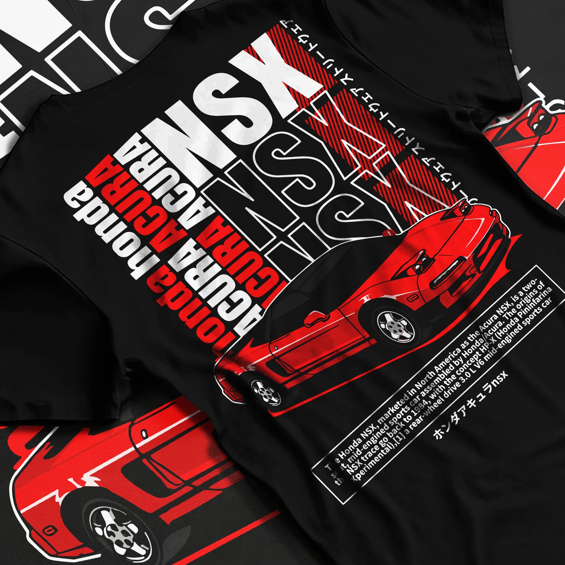 Black T-shirt laid flat with natural fabric folds, featuring Honda Nsx drift jdm japanese street retro legend graphic.