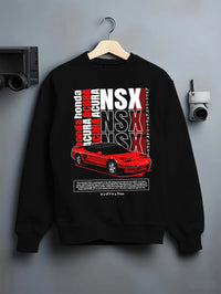 Black crewneck sweatshirt on a hanger against a grey wall, featuring Honda Nsx drift jdm japanese street retro legend graphic.