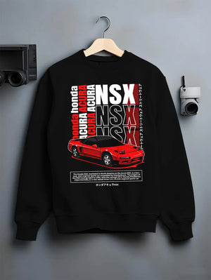 Black crewneck sweatshirt on a hanger against a grey wall, featuring Honda Nsx drift jdm japanese street retro legend graphic.