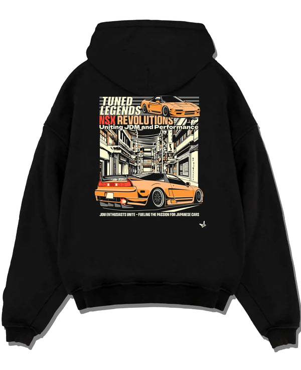 Black pullover hoodie laid flat on a white background, featuring Honda Nsx drift jdm japanese street legend racing graphic.