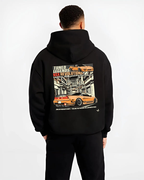 Black hoodie worn by a male model, back view, featuring Honda Nsx drift jdm japanese street legend racing graphic.