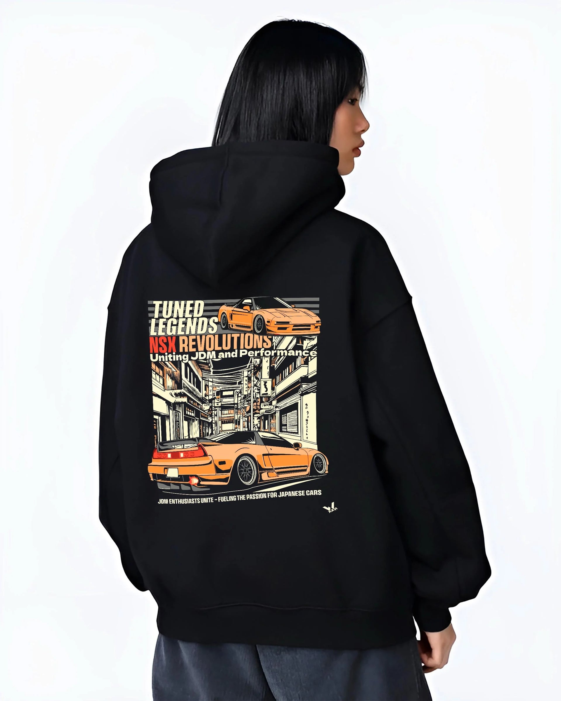 Black hoodie worn by a female model, back view, featuring Honda Nsx drift jdm japanese street legend racing graphic.