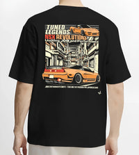 Black T-shirt worn by a male model, back view, featuring Honda Nsx drift jdm japanese street legend racing graphic.