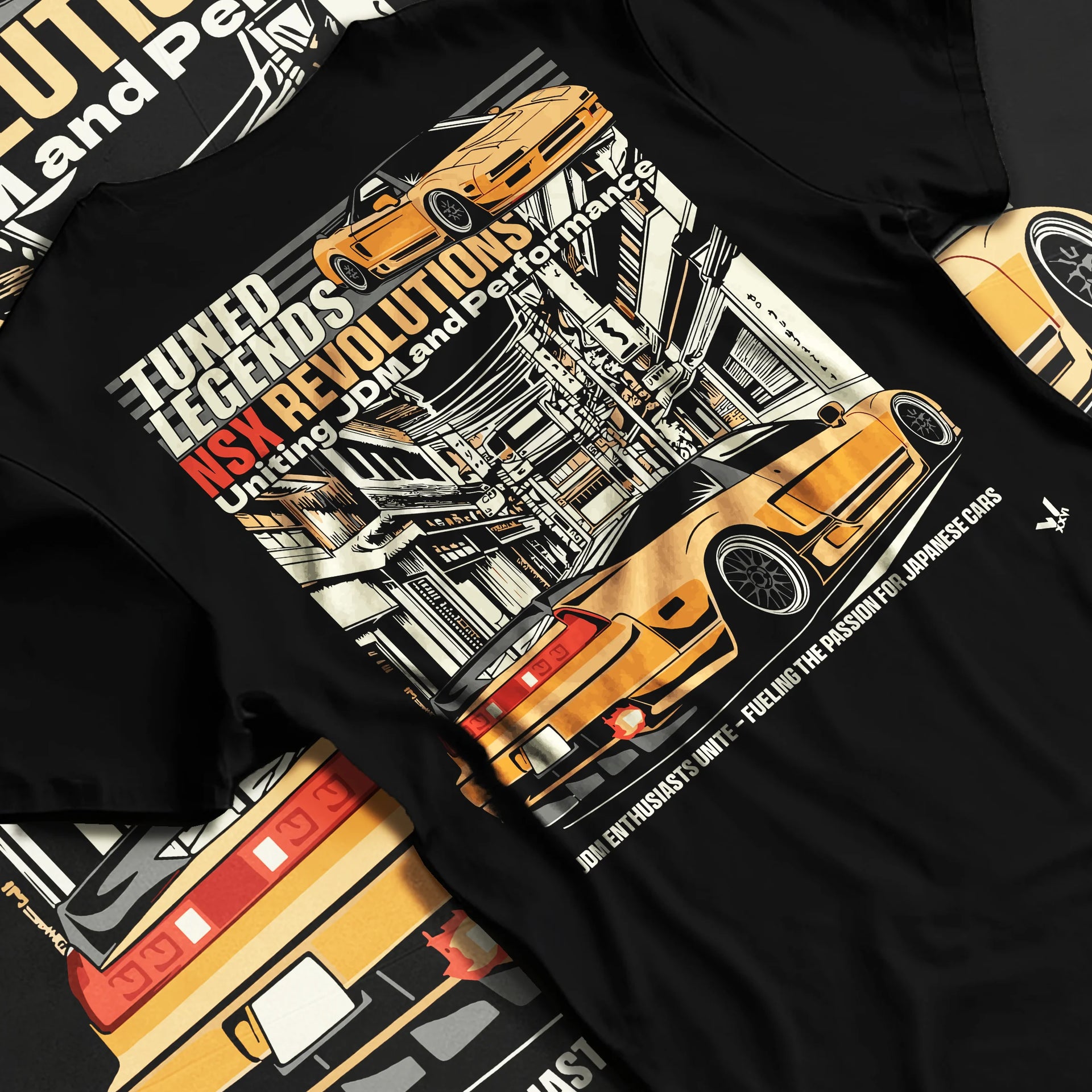 Black T-shirt laid flat with natural fabric folds, featuring Honda Nsx drift jdm japanese street legend racing graphic.