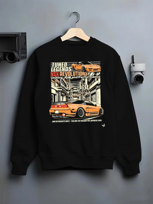 Black crewneck sweatshirt on a hanger against a grey wall, featuring Honda Nsx drift jdm japanese street legend racing graphic.