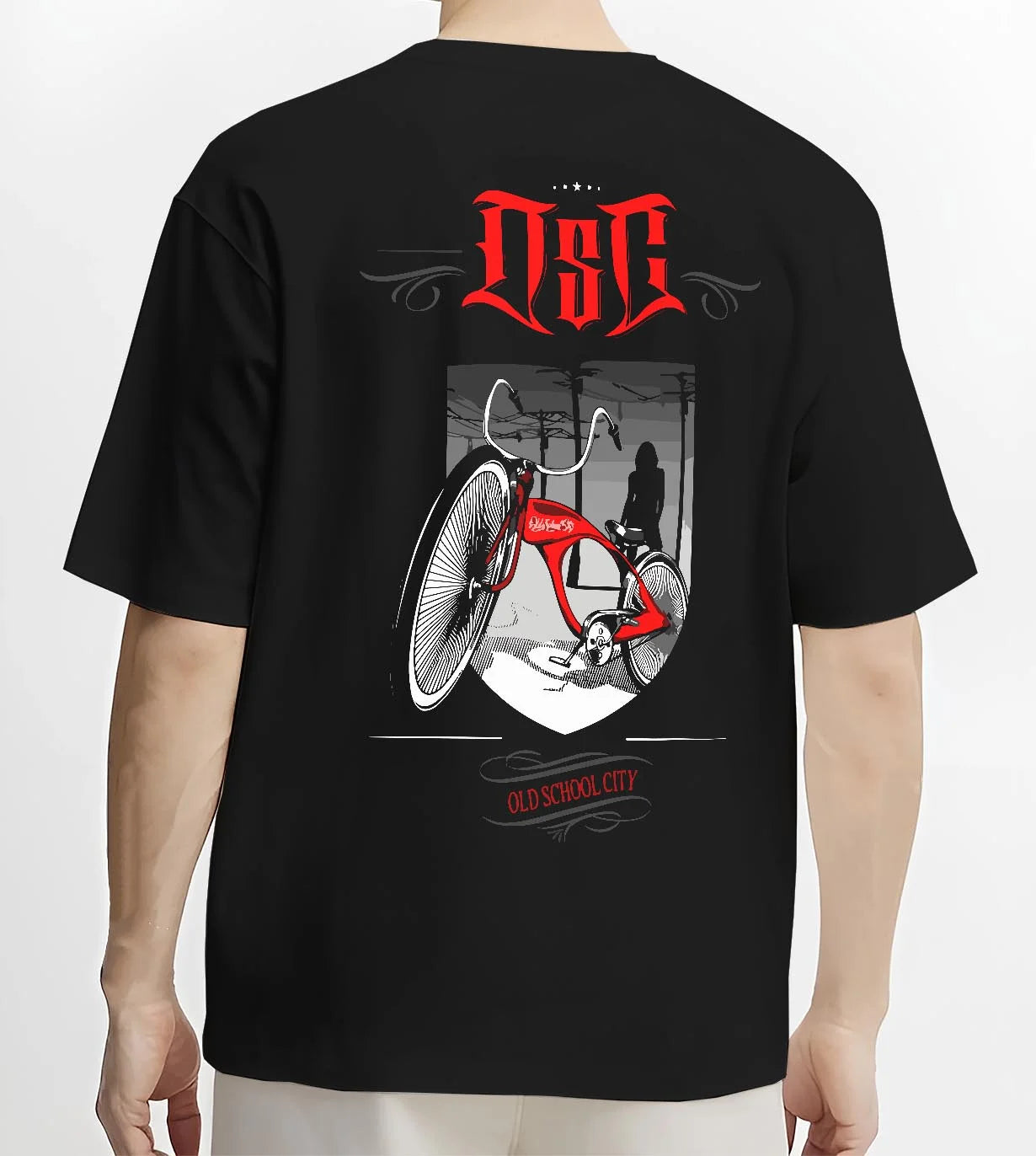 Black T-shirt worn by a male model, back view, featuring street retro racing performance motorsport automotive enthusiast osclwb.