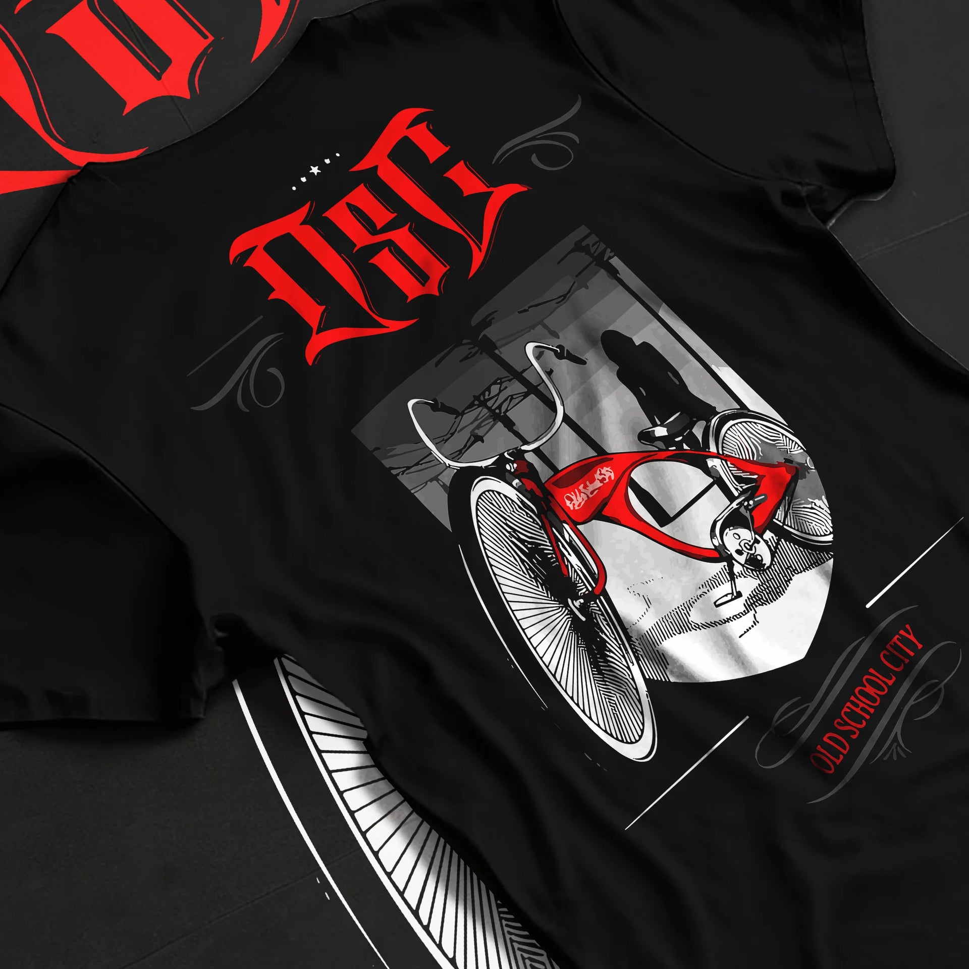 Black T-shirt laid flat with natural fabric folds, featuring street retro racing performance motorsport automotive osclwb.