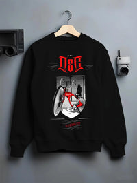 Black crewneck sweatshirt on a hanger against a grey wall, featuring street retro racing performance motorsport automotive osclwb.