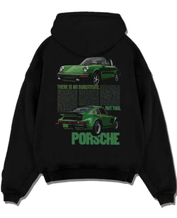 Black pullover hoodie laid flat on a white background, featuring Porsche 911 rs street retro vintage classic enthusiast graphic.