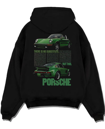 Black pullover hoodie laid flat on a white background, featuring Porsche 911 rs street retro vintage classic enthusiast graphic.