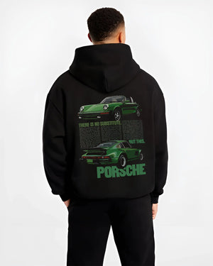 Black hoodie worn by a male model, back view, featuring Porsche 911 rs street retro vintage classic enthusiast graphic.