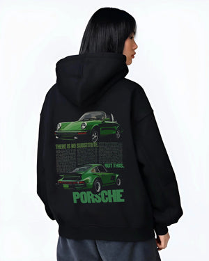 Black hoodie worn by a female model, back view, featuring Porsche 911 rs street retro vintage classic enthusiast graphic.