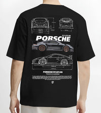 Black T-shirt worn by a male model, back view, featuring Porsche 911 GT3 RS gt3 rs 911 racing motorsport street graphic.