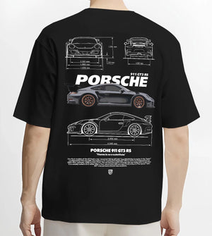 Black T-shirt worn by a male model, back view, featuring Porsche 911 GT3 RS gt3 rs 911 racing motorsport street graphic.