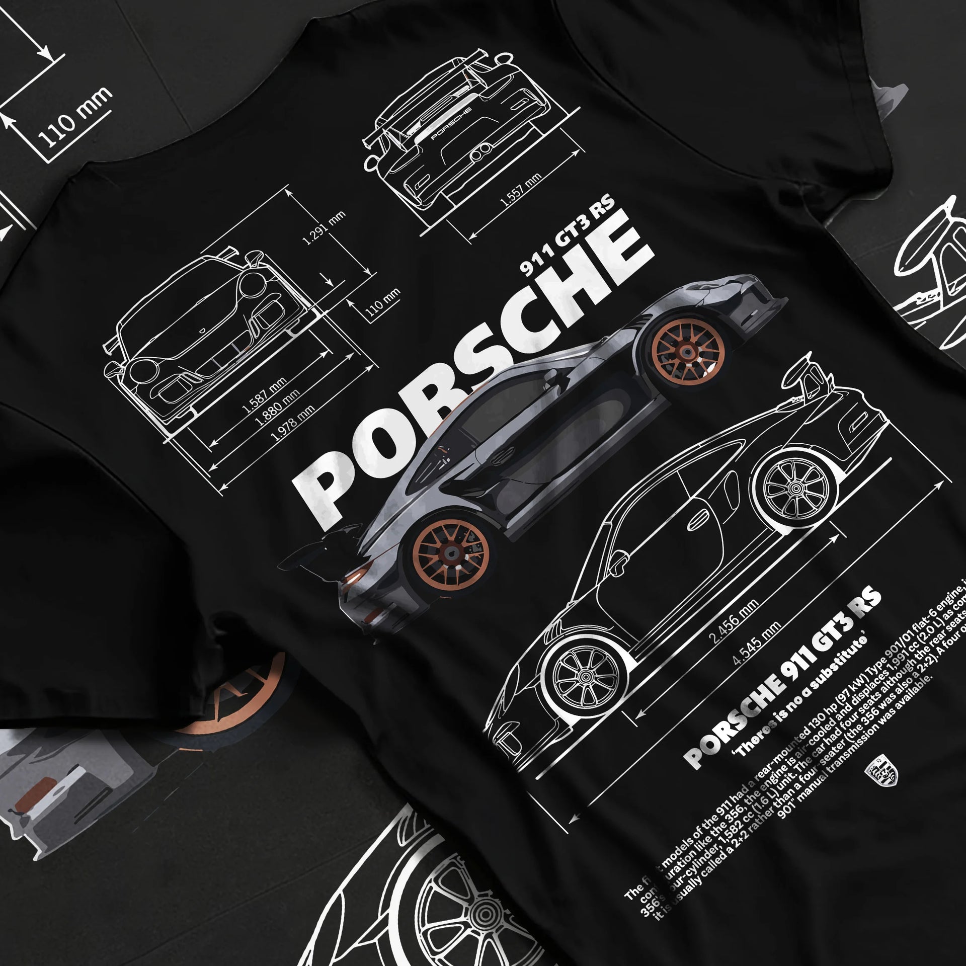 Black T-shirt laid flat with natural fabric folds, featuring Porsche 911 GT3 RS gt3 rs 911 racing motorsport street graphic.