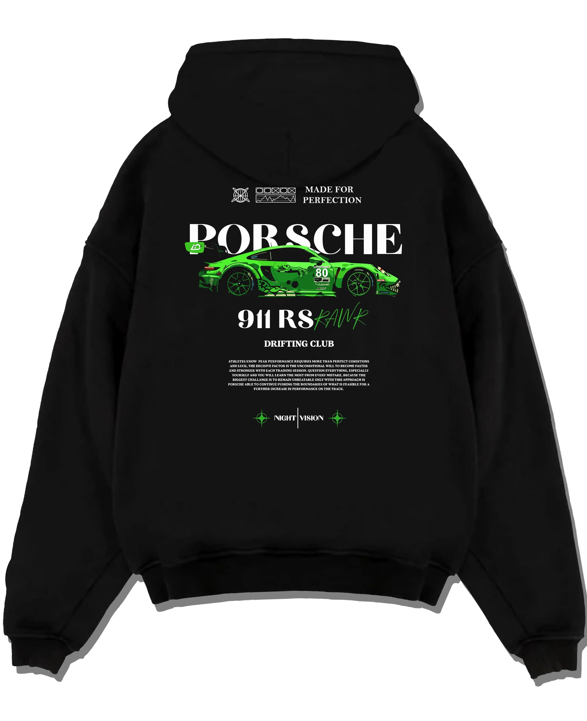 Black pullover hoodie laid flat on a white background, featuring Porsche 911 rs racing drift motorsport japanese street graphic.