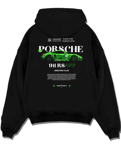 Black pullover hoodie laid flat on a white background, featuring Porsche 911 rs racing drift motorsport japanese street graphic.