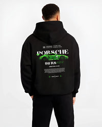 Black hoodie worn by a male model, back view, featuring Porsche 911 rs racing drift motorsport japanese street graphic.