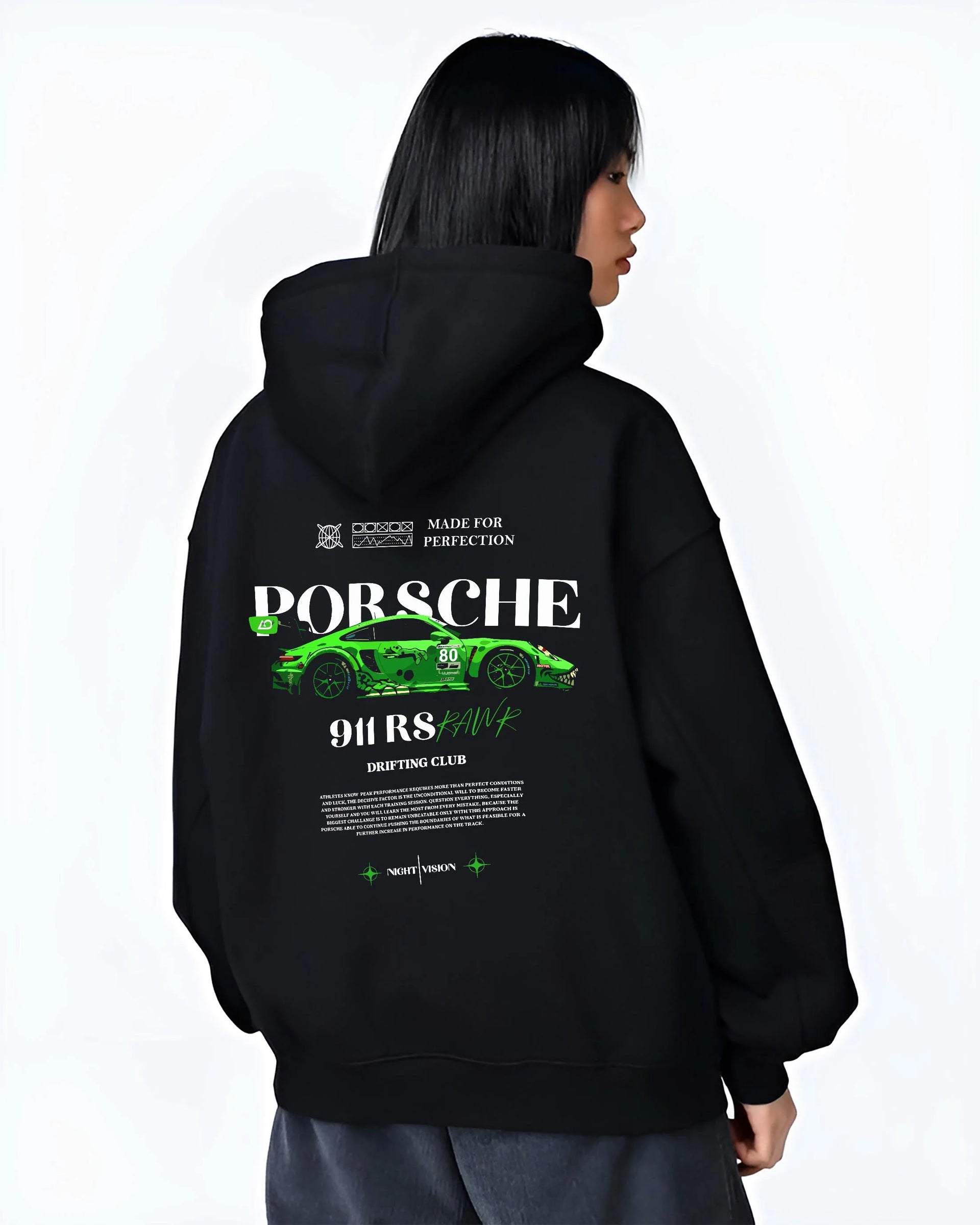 Black hoodie worn by a female model, back view, featuring Porsche 911 rs racing drift motorsport japanese street graphic.